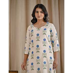 Kurti Recto de Algodón y Yute con Estampado Butta Blanco y Azul, Bufanda y Chal Étnicos - Product Image 1