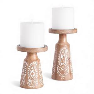 Porte-bougie en bois rond court avec base sculptée lisse et texture naturelle rustique Unique - Product Image 3