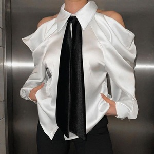 2025 elegante camisa de mujer de retazos a la moda Casual corbata decente hombro botón blusas solapa manga larga Top clásico - Product Image 1