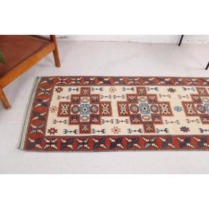 Turkish 2.2x7.6 ft Rug, <b>Runner</b> Vintage Rug, <b>Red</b> Blue Ikat Rug - Product Image 4