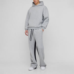 Best Pakistan Clothing Manufacturers Custom <b>Men</b> Light Gray Tracksuit Set <b>Hoodie</b> & Joggers with <b>Black</b> Side Stripes Co-Ord Outfit - Product Image 1