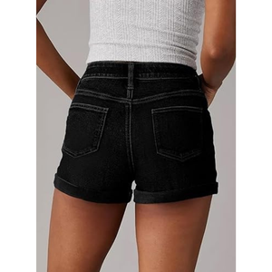 Women's High Waist Denim Shorts Solid Color Casual Summer Wear Button Closure Regular Fit Stonewashed Finish - Product Image 3