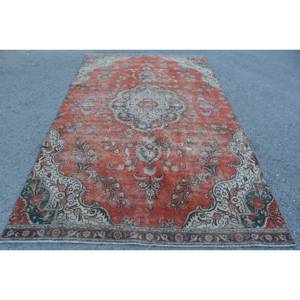 Classic Large Area Vintage Turkish Rug 6.1 X 10.2 ft Red Beige Patchwork Design Wool Material Latex Classic for Hallway Room - Product Image 1