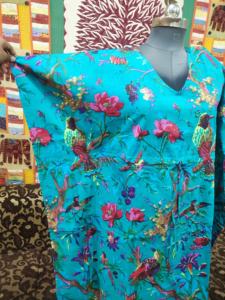 100% algodón puro lujo cuello en V longitud completa Kaftan turquesa pájaro estampado ligero suave ropa de dormir para mujeres Festival de verano - Product Image 2