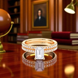 Anillo de compromiso de moissanita de corte redondo y esmeralda de 1,50 quilates de 950 quilates con anillos de diamantes de banda de platino para ella - Product Image 4