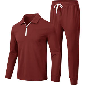 Conjunto Deportivo Ligero de 2 Piezas para Hombre, Color Vino Tinto, con Pedrería, Cierre de 1/4, Manga Larga, Pantalones para Correr, Ropa Deportiva Informal - Product Image 1