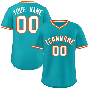 Camiseta de Béisbol Personalizada Color Verde Azulado con Ribete Naranja, Nombre y Número Personalizados, Cuello en V, Uniforme de Equipo, Camiseta Deportiva Transpirable - Product Image 1