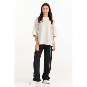 Camiseta Oversize de Mujer con Hombros Caídos, de Algodón Jersey, Cuello Redondo, Ajuste Holgado, Transpirable, Top Casual de Color Liso para Verano con Remaches - Product Image 1