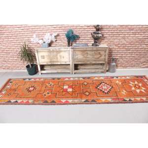 3x10.3 ft Turkish Rug, Vintage <b>Runner</b> Rug, Orange <b>Red</b> Animal Print Rug - Product Image 3