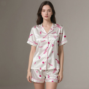 Adult Silk Satin Pajama Set Digital Print Soft & Cool Breathable 2-Piece Loungewear <b>for</b> <b>Summer</b>/Autumn/Spring - Product Image 2