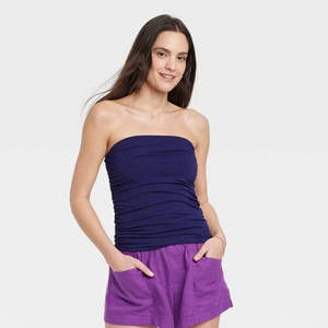 Nuovo Top a Tubino da Donna New Day, Vestibilità Slim, Arricciato, Blu Navy, Taglia Unica, in Tessuto Traspirante Lavorato a Maglia, con Scollo Quadrato, Canotta Corta con Dettaglio Frontale - Product Image 1