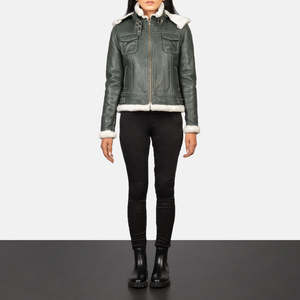 Veste en cuir Fiona Green Shearling avec capuche, légère, coupe-vent, style bomber, logo personnalisé, pour l'hiver - Product Image 2