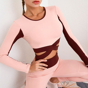 2025 Custom Ladies Fitness Wear Solid Pattern Yoga Set High Waist Seamless Pants and Long Sleeve Top with <b>Stitching</b> Custom - Product Image 5