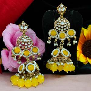 Traditional Heritage Kundan and Hanging <b>Pearls</b> Jhumkas For Women Acrylic Ear Jewelry Regal Appearance Finest Quality <b>Earrings</b> - Product Image 2