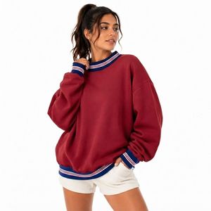 womens maroon red striped rib mock neck oversized sweatshirt long sleeve cozy fleece <b>pullover</b> <b>jumper</b> top - Product Image 1