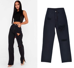 Nuevos pantalones vaqueros azules de lavado medio para mujer, pantalones vaqueros acampanados florales de cintura alta con bordado para mujer, pantalones ajustados informales, gran oferta - Product Image 4