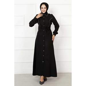 Vestido de cuello camisero con detalles de perlas negro - Product Image 4