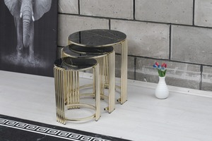 Modern Round <b>Coffee</b> <b>Table</b> <b>Set</b> with <b>Marble</b> Top and Brass Frame Nesting Living Room Furniture Contemporary Design - Product Image 3