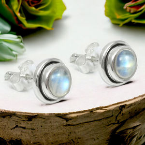 Solid 925 <b>Sterling</b> <b>Silver</b> Natural Rainbow Moonstone Round Shape Classic Boho <b>Stud</b> Earring Handmade Jewelry for Birthdays Parties - Product Image 4