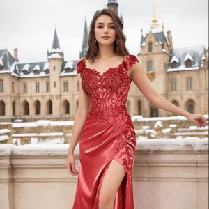 Robe de cocktail réunions de famille fêtes broderie antistatique A-ligne décolleté en coeur longueur au sol motif floral plissé - Product Image 1