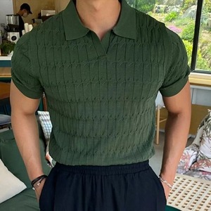 Nueva camisa de punto con cuello en V para hombre, camiseta de manga corta, cuello suelto, Color sólido, Polo para hombre, 2017 - Product Image 2