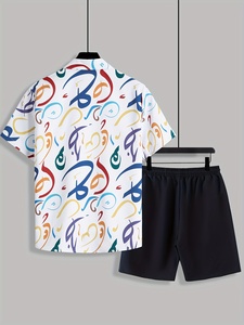 Streetwear tendance pour hommes, chemise et short à manches courtes et imprimé graffiti multicolore, ensemble de vacances 100% coton à séchage rapide - Product Image 2