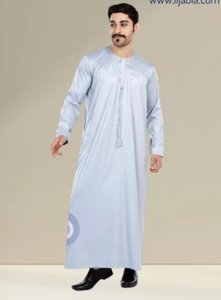 Modeste Musulman Traditionnel Iijabia Vietnam Importé Chamak Dhamak Tissu Omani Thobe Jubba Pour Hommes-Bleu Clair - Product Image 3