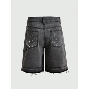 Shorts en jean 100 % coton pour homme, personnalisés avec strass et broderies, style streetwear hip-hop, pour l'été, effet scintillant - Product Image 2