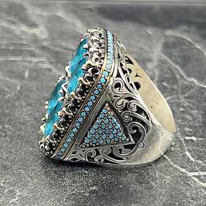 Handmade Men's Silver Large Aquamarine <b>Ring</b> Unique Square Large Gemstone <b>Ring</b> for Winter Sale <b>Turquoise</b> Aquamarine <b>Ring</b> - Product Image 5