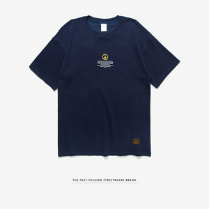 Camiseta de hombre azul marino, talla grande, de algodón tipo gofre, con serigrafía, cuello redondo, manga corta, informal. - Product Image 6