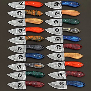 Nordic Forge Set of 20 Skinner Utility <b>Knife</b> Damascus Steel EDC Fixed Blade Wood Handles OEM Random Color with Leather <b>Sheath</b> - Product Image 1