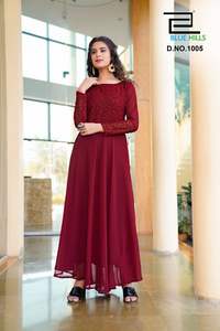 Longue robe pleine de style avec manches longues Georgette lourde avec séquence travail intérieur complet crêpe belle couleur robe de soirée - Product Image 4