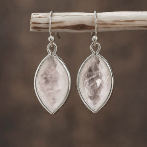 Pendientes de bisel de piedras preciosas de cuarzo blanco Marquesa de Plata de Ley 925, joyería colgante y gota para mujer - Product Image 1