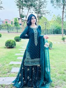 Classique lourd Faux Georgette broderie 3 mm séquence haut de travail Plazzo Dupatta ensemble réversible décontracté fête remise des diplômes toutes les saisons - Product Image 2