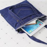 Rahat omuz alışveriş çantası tuval Denim Jean baskı Tote çanta ile dış cep satın Jean baskı Tote çanta