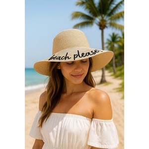 Beach Please Embroidered Beige Straw <b>Hat</b> Hsr2029 - Beige - Product Image 2