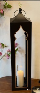 <b>Black</b> Gold Finish Metal Moroccan <b>Lantern</b> with Crescent Top Tall Design Warm <b>Candle</b> Glow Luxury Festive Home Decor - Product Image 3