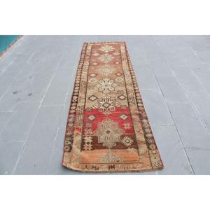 Turkish Vintage Rug, <b>Runner</b> 2.8x9.3 ft (85x282 cm) Rug, <b>Red</b> Bordered Wool Rug - Product Image 1