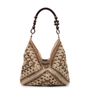 Bolso de Verano de Ganchillo para Mujer, Nuevo Estilo Vintage con Cuentas de Madera, Bolso de Hombro/Axilar para Playa, de Poliéster, Estilo Vacaciones en la Costa - Product Image 5