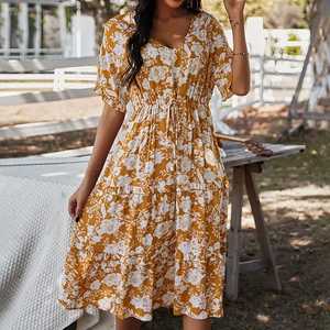 2023 Maxi vestido para mujer atractivo estampado de leopardo hasta la rodilla estilo bohemio media manga dulce verano vacaciones Look 100% algodón - Product Image 5