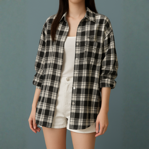 Chemise à carreaux en coton pour femmes printemps nouveauté style coréen tout-match rétro à manches longues veste haut ample tout-match - Product Image 1