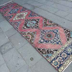 2.8x12.2 ft <b>Runner</b> Turkish Rug, Vintage Rug, <b>Red</b> Blue Camouflage Wool Rug - Product Image 2