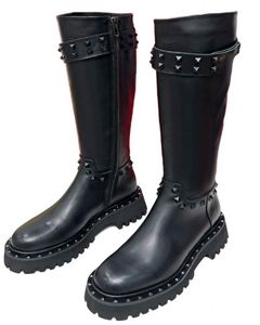 Bottes de combat mi-mollet à plateforme épaisse pour femme, hauteur genou, à talon haut, bout rond, avec fermeture éclair, style punk gothique clouté, Valentinoing - Product Image 3