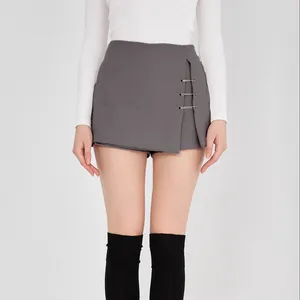 Women's Dark Gray Skirt Shorts Mini Gray Pin Detail Zipper Detail