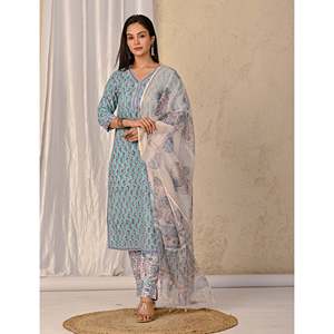 ชุดคุรตะผ้าฝ้ายพิมพ์ลายบล็อกสีเทอร์ควอยซ์ แขนสามส่วน สำหรับใส่ในชีวิตประจำวัน - Product Image 5