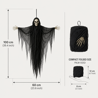 Décoration volante d'Halloween : squelette fantôme Grim Reaper en robe noire avec bras pliables pour porche, arbre, couloir