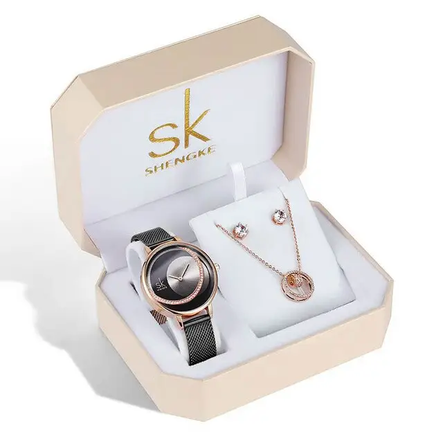 Shengke Luxus Kristall Ohrringe Halskette Frauen Uhren Set Mädchen Uhr Reloj Mujer SK Quarzuhr Schmuck Set Geschenke für Dame