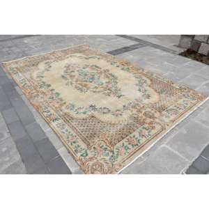 Classic Beige Green 6.7 X 10.2ft Handmade Wool <b>Rug</b> Aubusson Design <b>Turkish</b> <b>Rugs</b> for Living Room Rectangle Patchwork Latex - Product Image 2