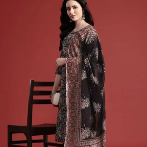 Mujeres Paisley Print puro algodón negro Kurta con pantalones y Dupatta indio pakistaní salwaar kameez traje - Product Image 1