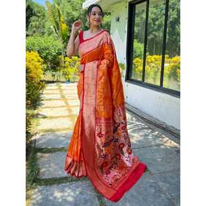 ผ้าไหมปาธานีสีส้มทออย่างประณีต พร้อมเสื้อคลุมสำหรับงานแต่งงาน - Product Image 2